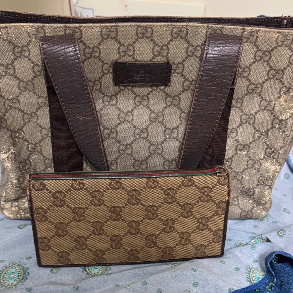 Gucci Beige Monogram Canvas Tote with Brown Leather Trim and Matching Pouch